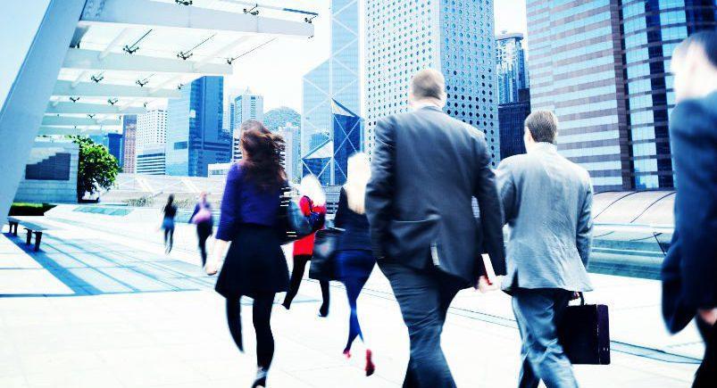 Employees walking to work