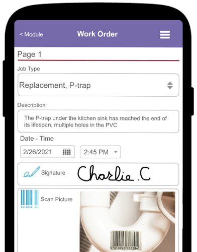 Plumbing_Work_Order Plumbers can automate information capture by using barcode scanning within the Wireless Forms feature of our mobile workforce management platform