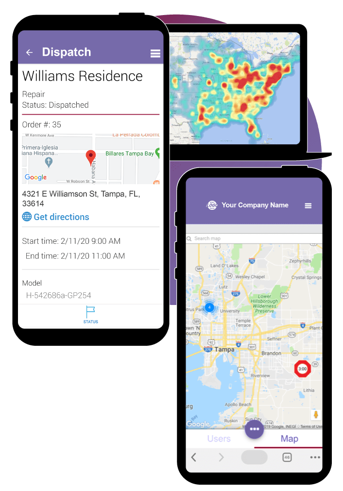 Mobile Workforce Plus screenshots showing the map view, heat map, and dispatching
