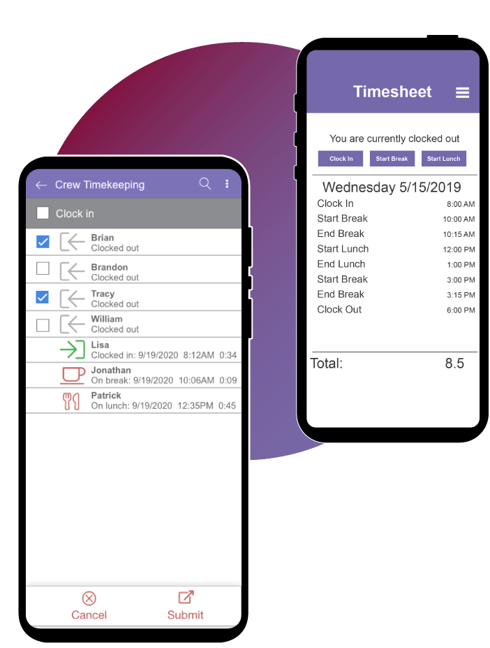 Mobile Workforce Plus Timekeeping screenshots, including Crew Timekeeping, showing benefits of reducing downtime and overtime costs 
