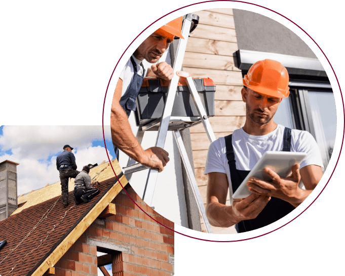 Workers using software for roofing companies